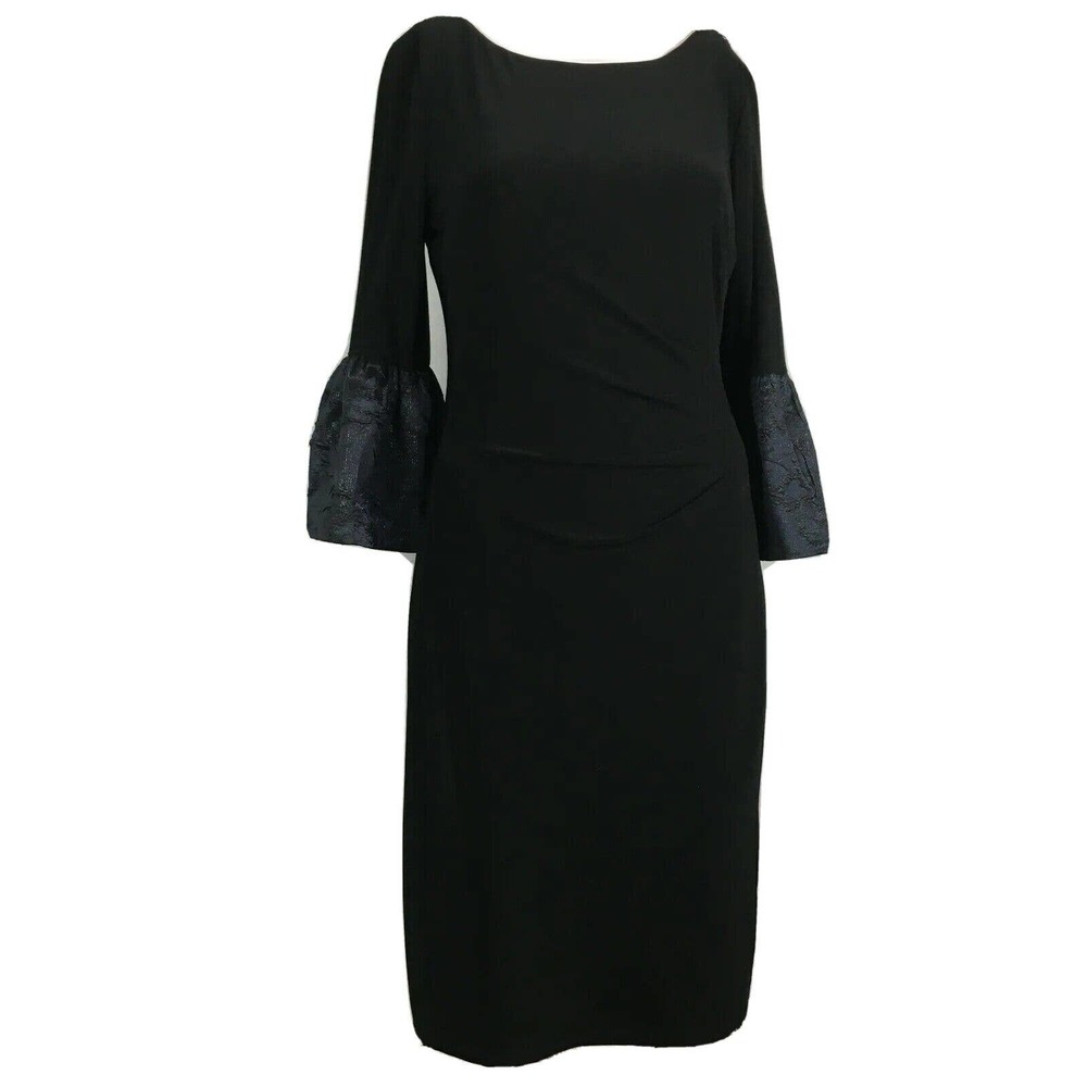Lauren Ralph Lauren Dress Women Sz 4 Black Stretch Knit Bell Sleeve Midi Pleated